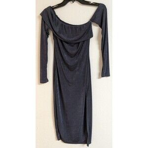 Lux LA Slinky Poly Spandex Blue Asymmetric Sleeve Midi Dress Style # D0762 Small